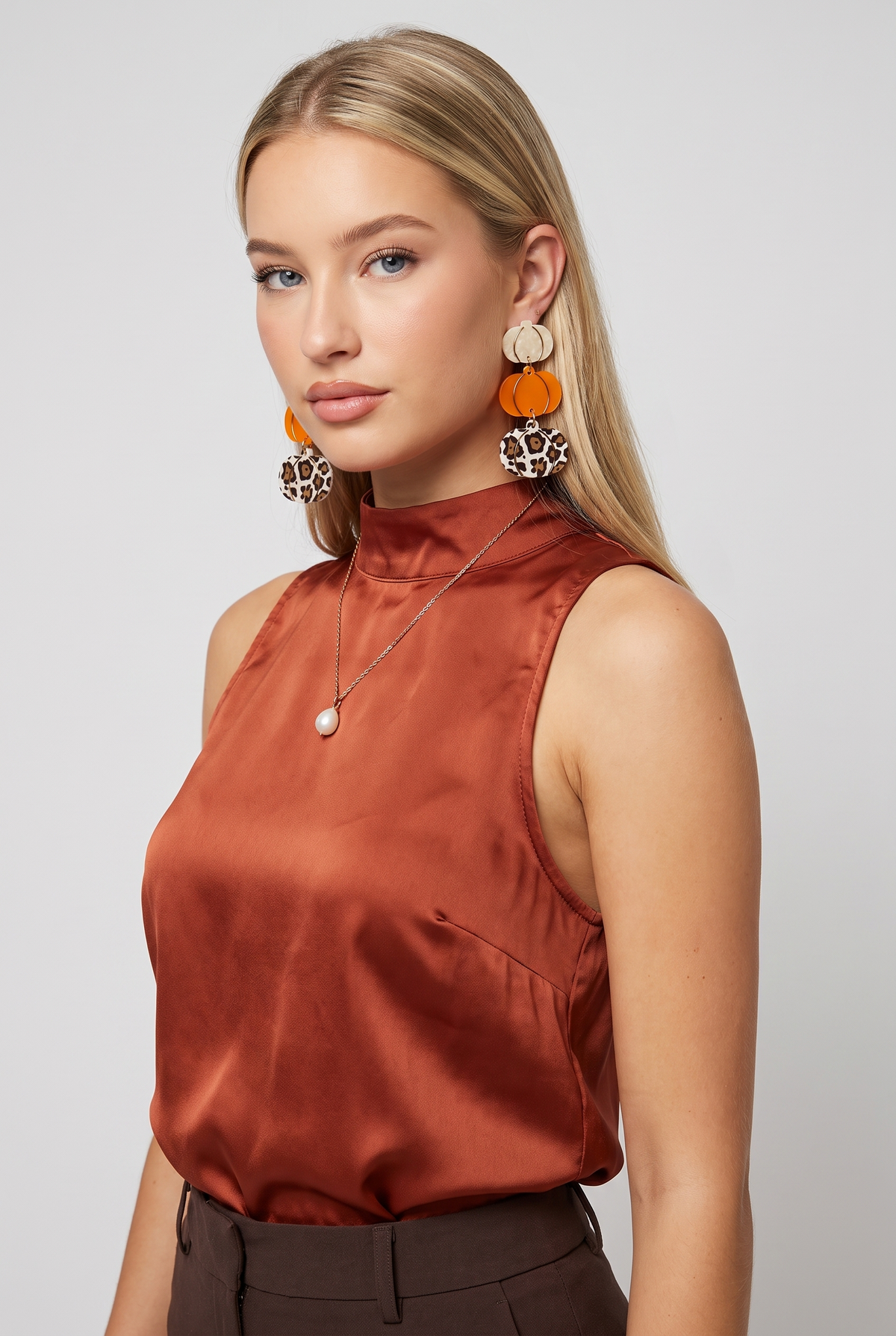Amber Pumpkin Patch Earrings, Worn portrait