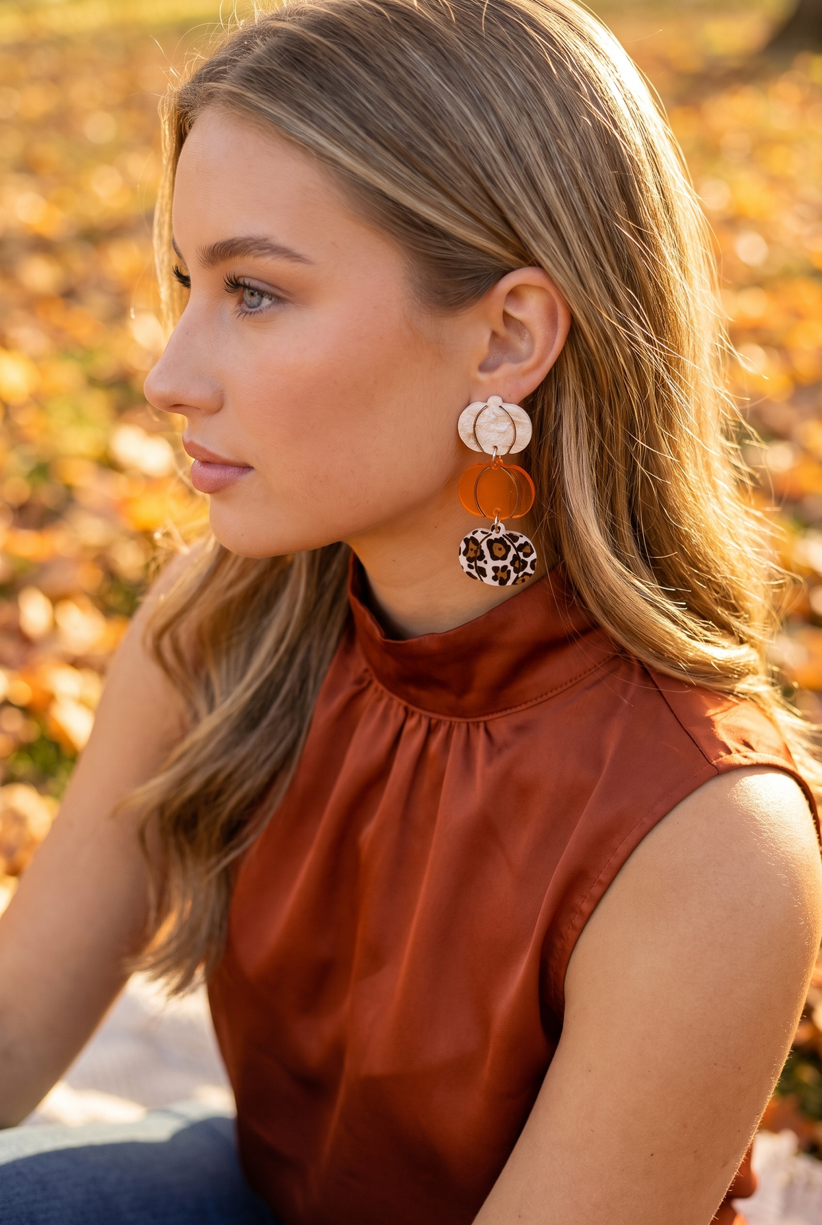 Amber Pumpkin Patch Earrings, Worn profile