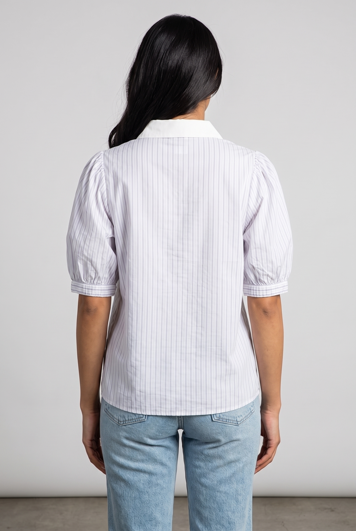 Back fit of the Give It A Go striped top, showing the plain striped back, white collar and gathered puff sleeves.