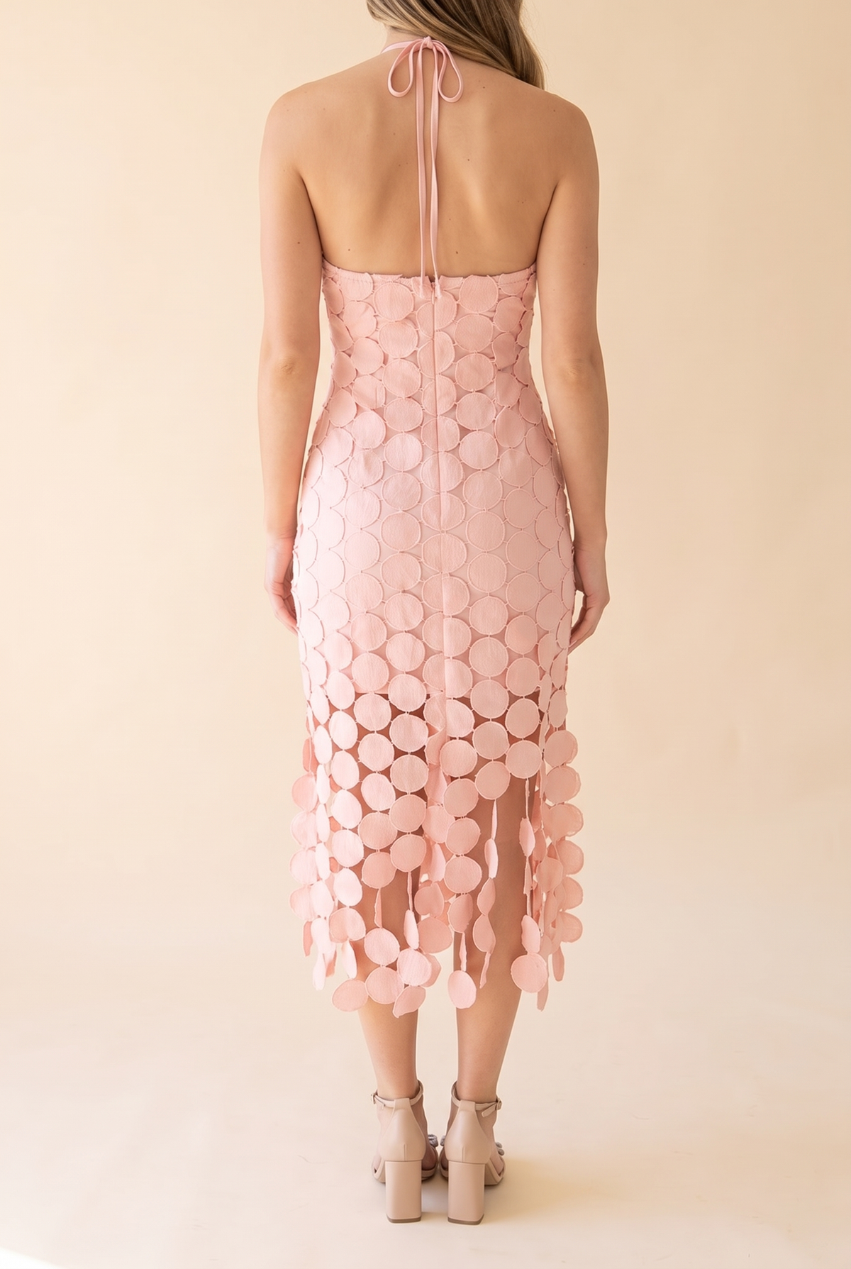 You're Still The One Fringe Crochet Midi Lace Dress, back view showing the halter tie and open back