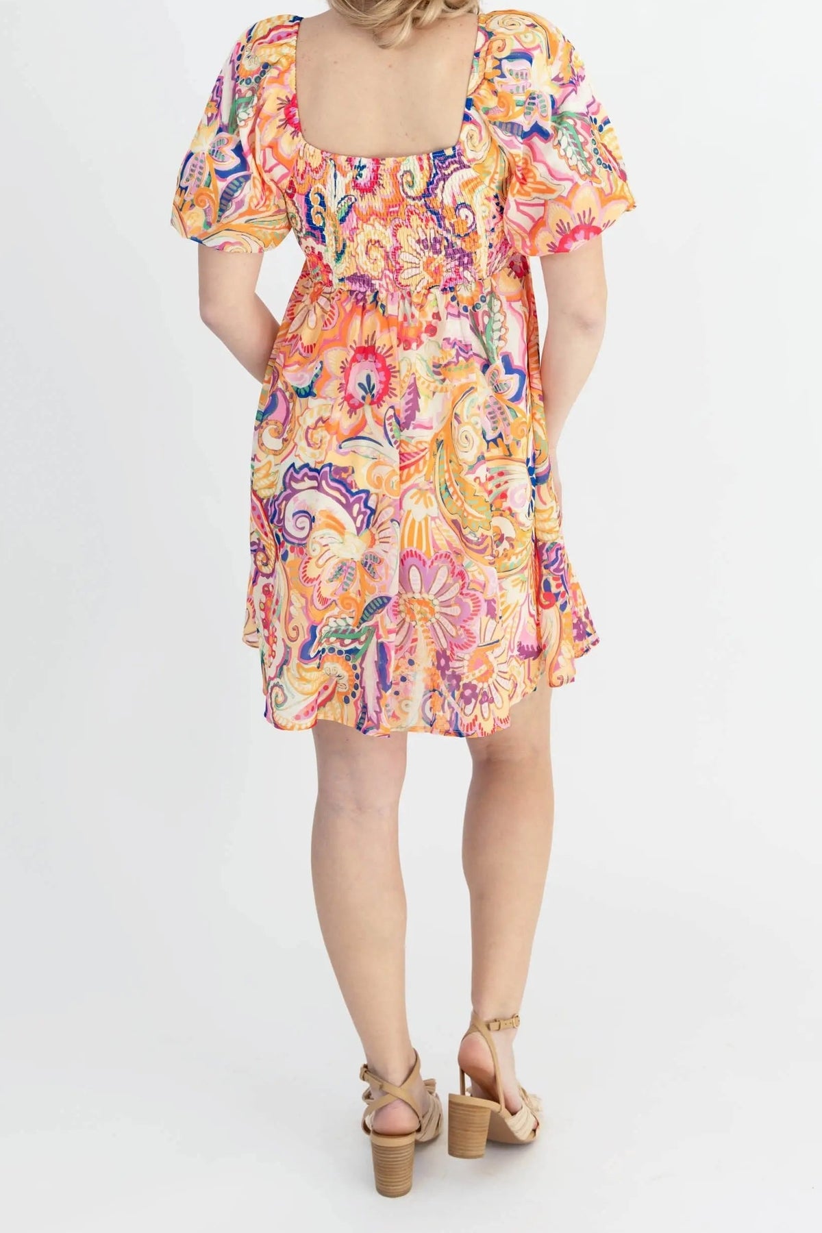 Back of the Create Your Sunshine mini dress, showing the square back, smocked back bodice and puff sleeves