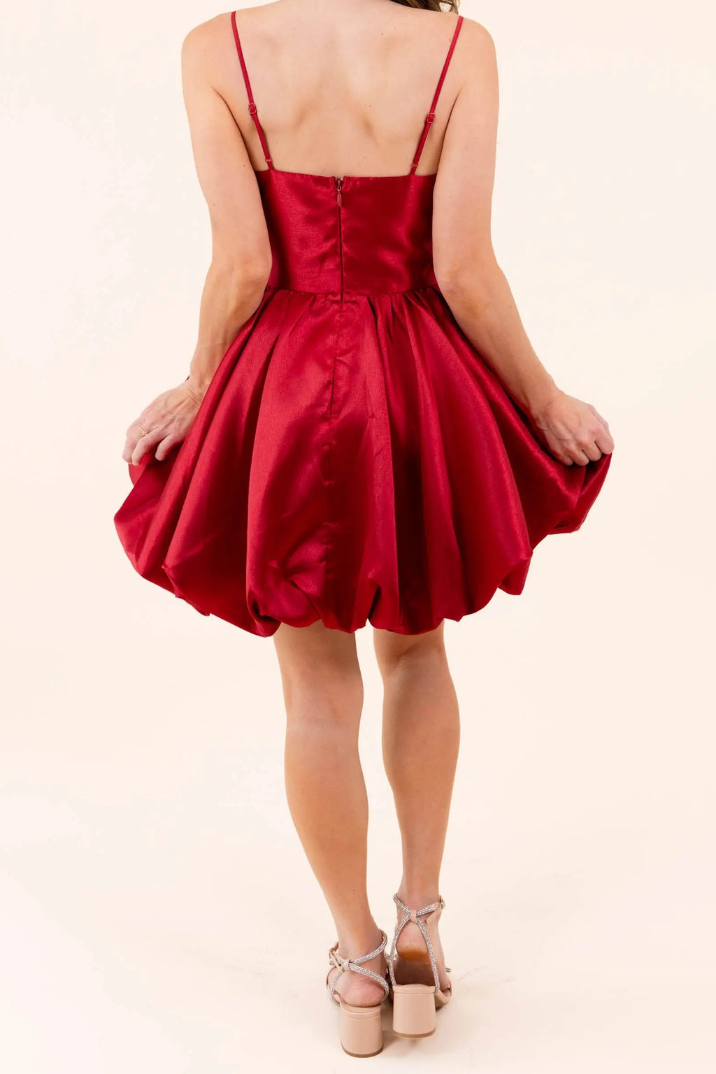 Dance The Night Away Scallop Bubble Mini Dress, back view showing the zip, straps and bubble skirt