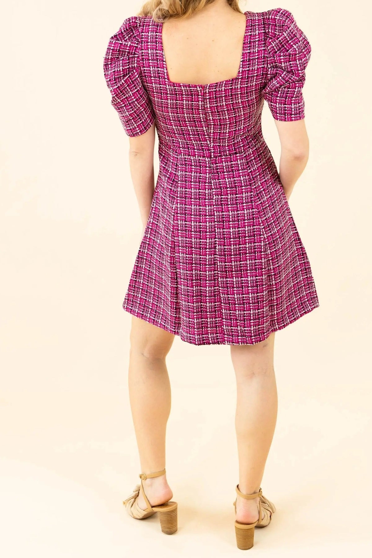 Jolly Molly Square Neck Puff Sleeve Dress, back view showing the square open back and zip