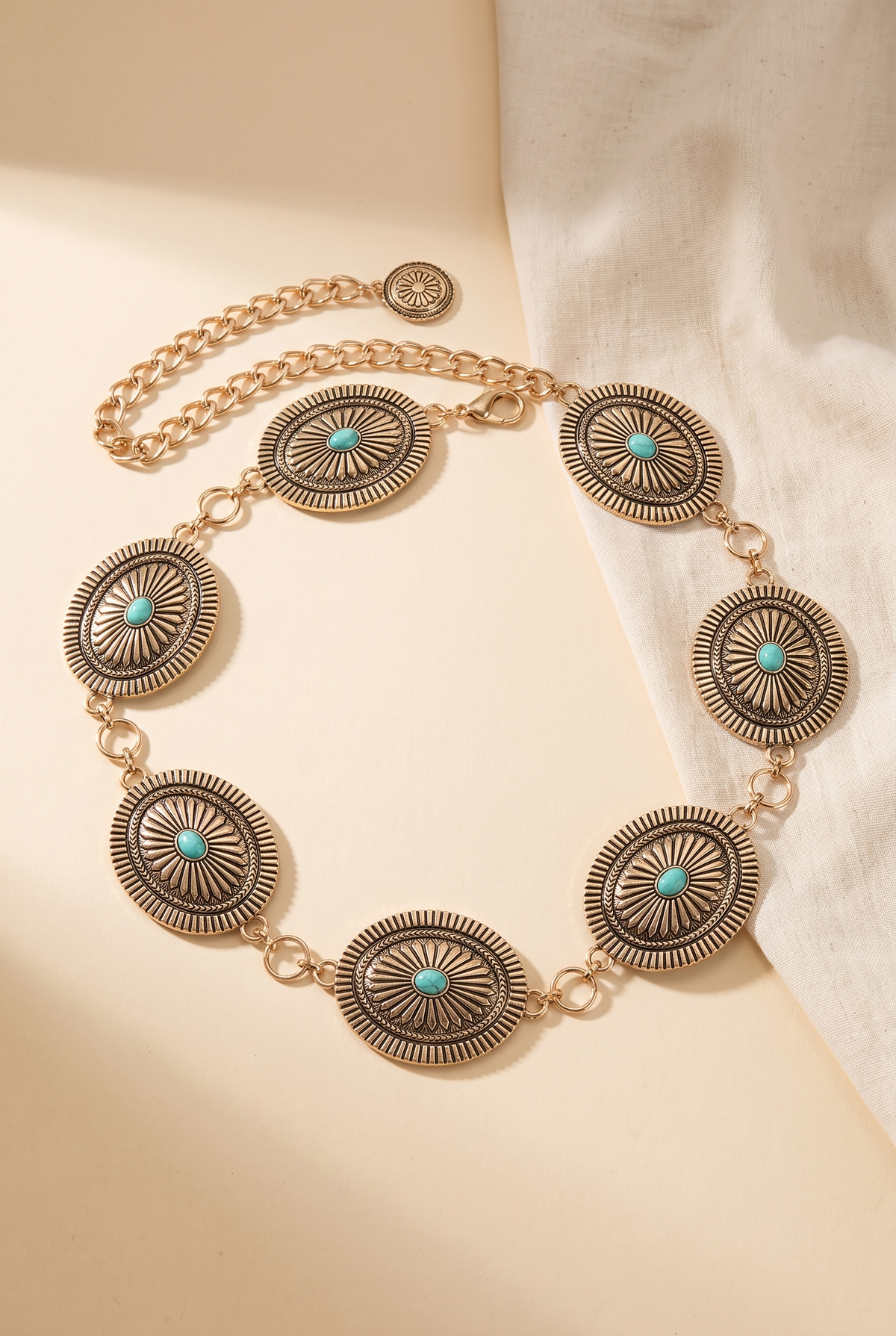 Blakely Ornate Concho Disc Chain Belt, Still life