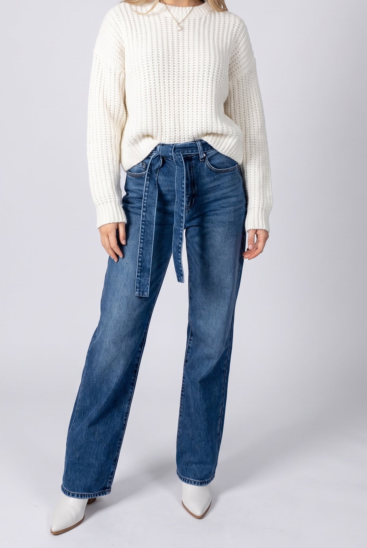 Blowing Your Mind High Rise Belted Wide Leg Jeans, Front