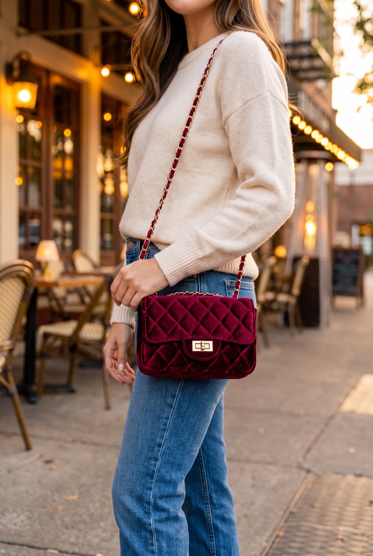 Burgundy velvet bag worn on the shoulder with a cream sweater and jeans