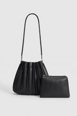 Carrie Black Pleated Vegan Shoulder Bag, Front with pouch
