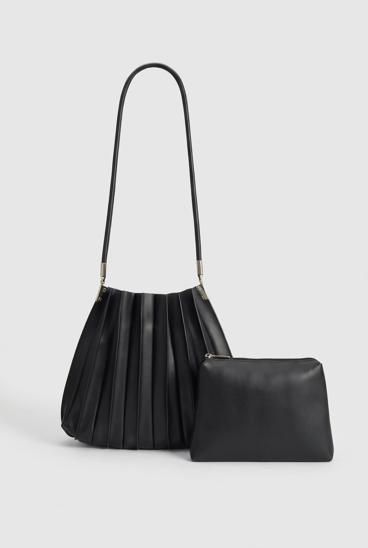 Carrie Black Pleated Vegan Shoulder Bag, Front with pouch