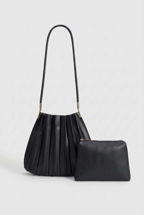 Carrie Black Pleated Vegan Shoulder Bag, Front with pouch