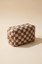 Check Yourself Cosmetic Bag in Brown, boxy knit pouch in brown and cream checks with a cream zip and silver metal pull