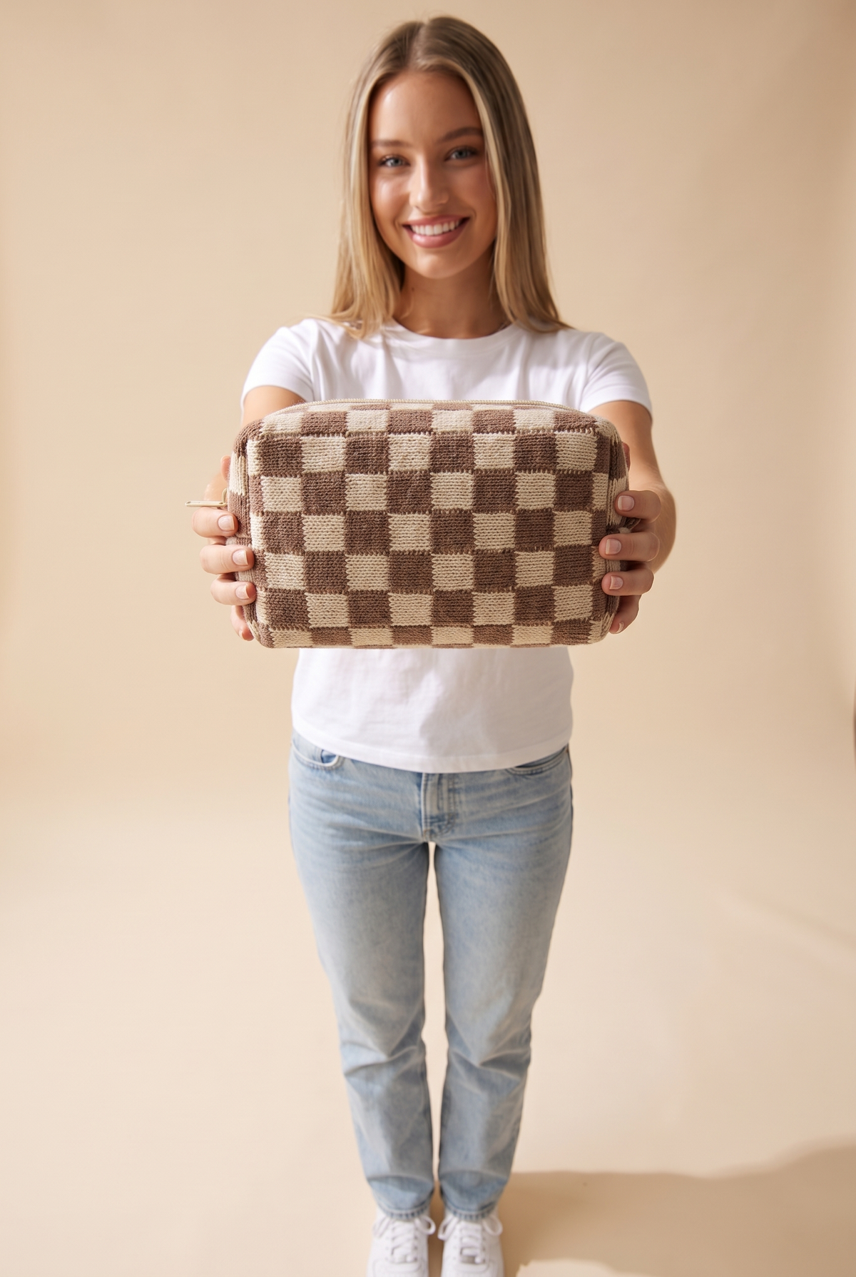Check Yourself Cosmetic Bag, Brown worn