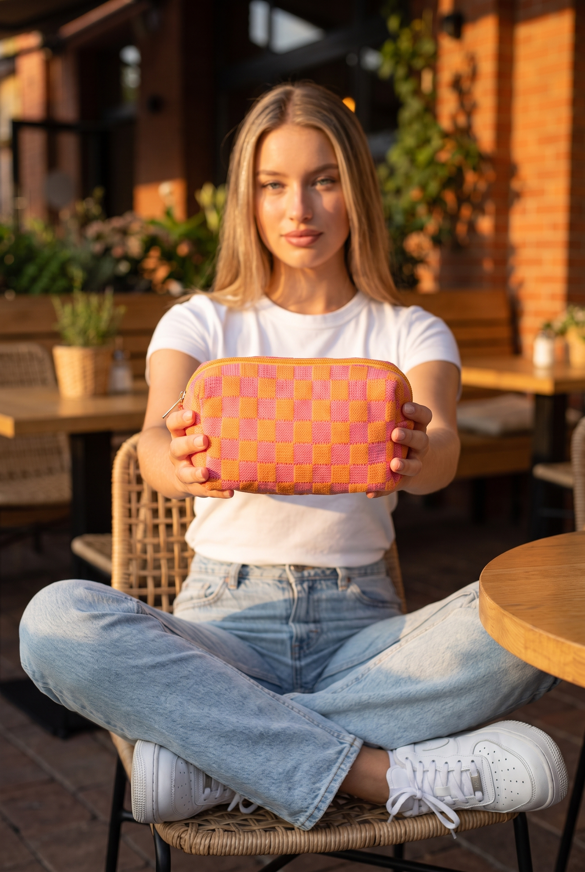 Check Yourself Cosmetic Bag, Orange worn