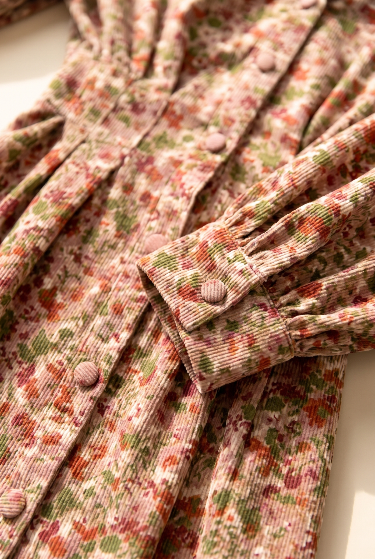 Close-up of the floral print and fine corduroy ribs on the mini dress