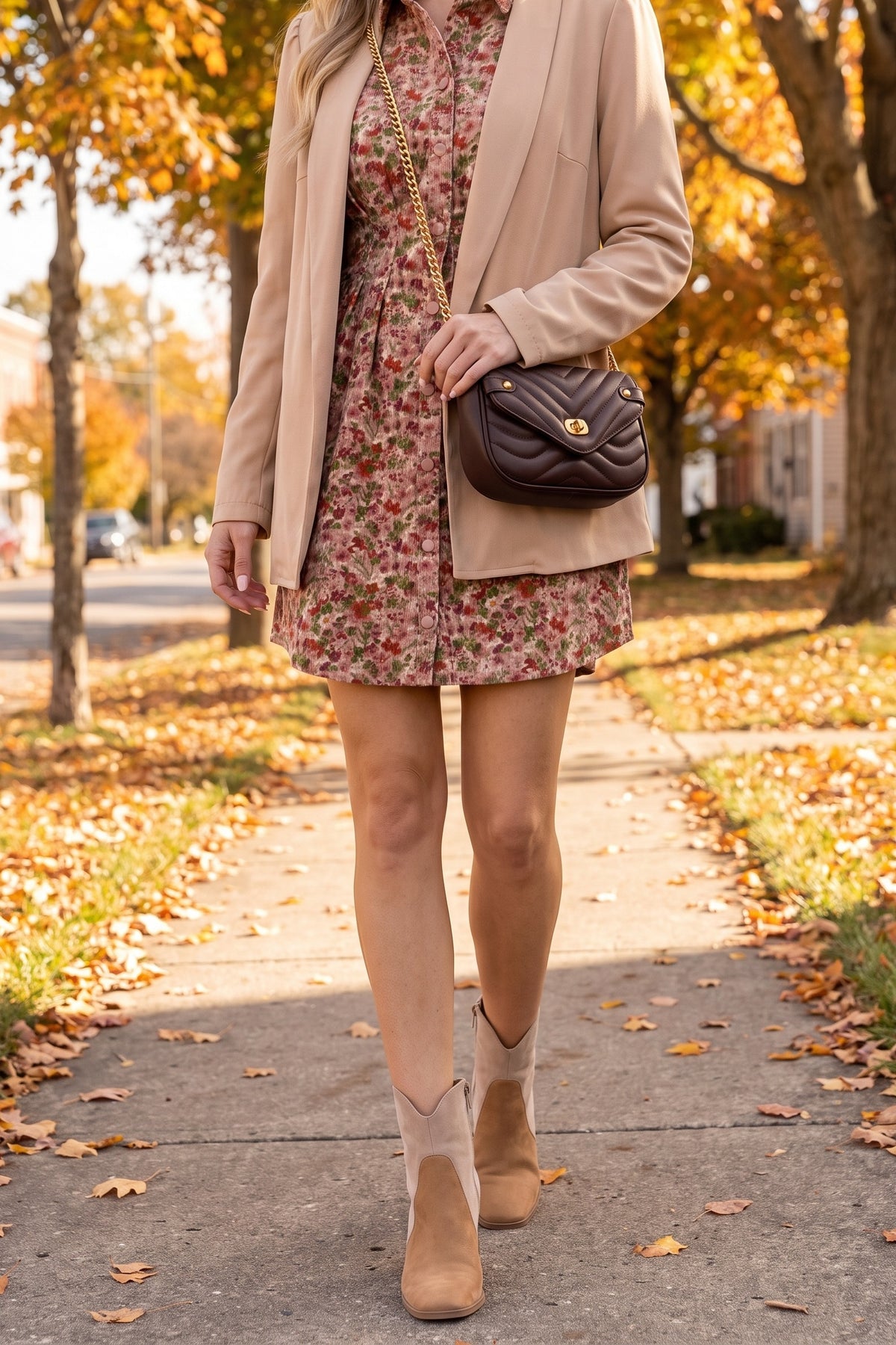 Floral corduroy mini shirt dress styled for a fall sidewalk with a camel cardigan blazer, tri-tone suede booties and a brown quilted crossbody.
