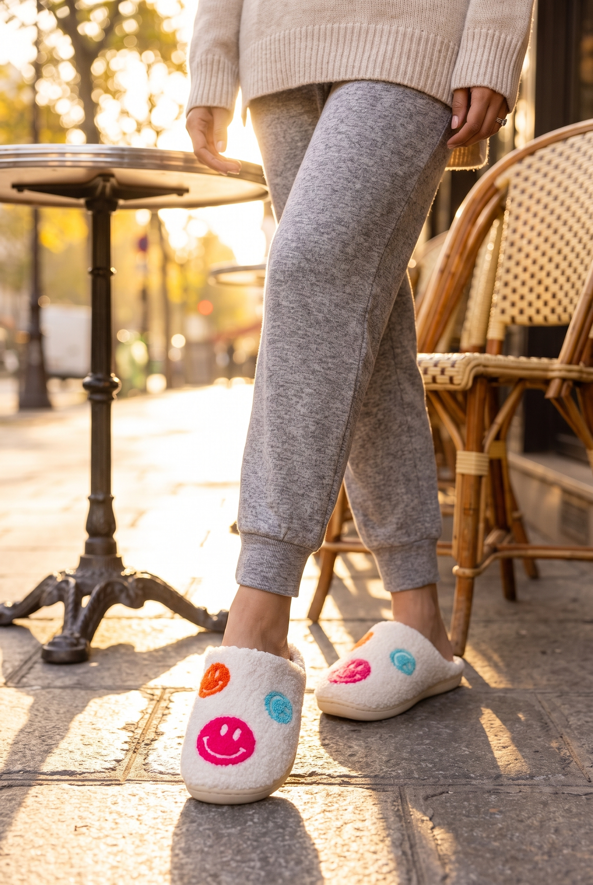 Cozy Smiley Face Slippers, Lifestyle worn