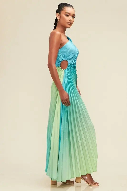 Blue Dresses for Women | Ombre Pleated One-Shoulder Maxi Dress