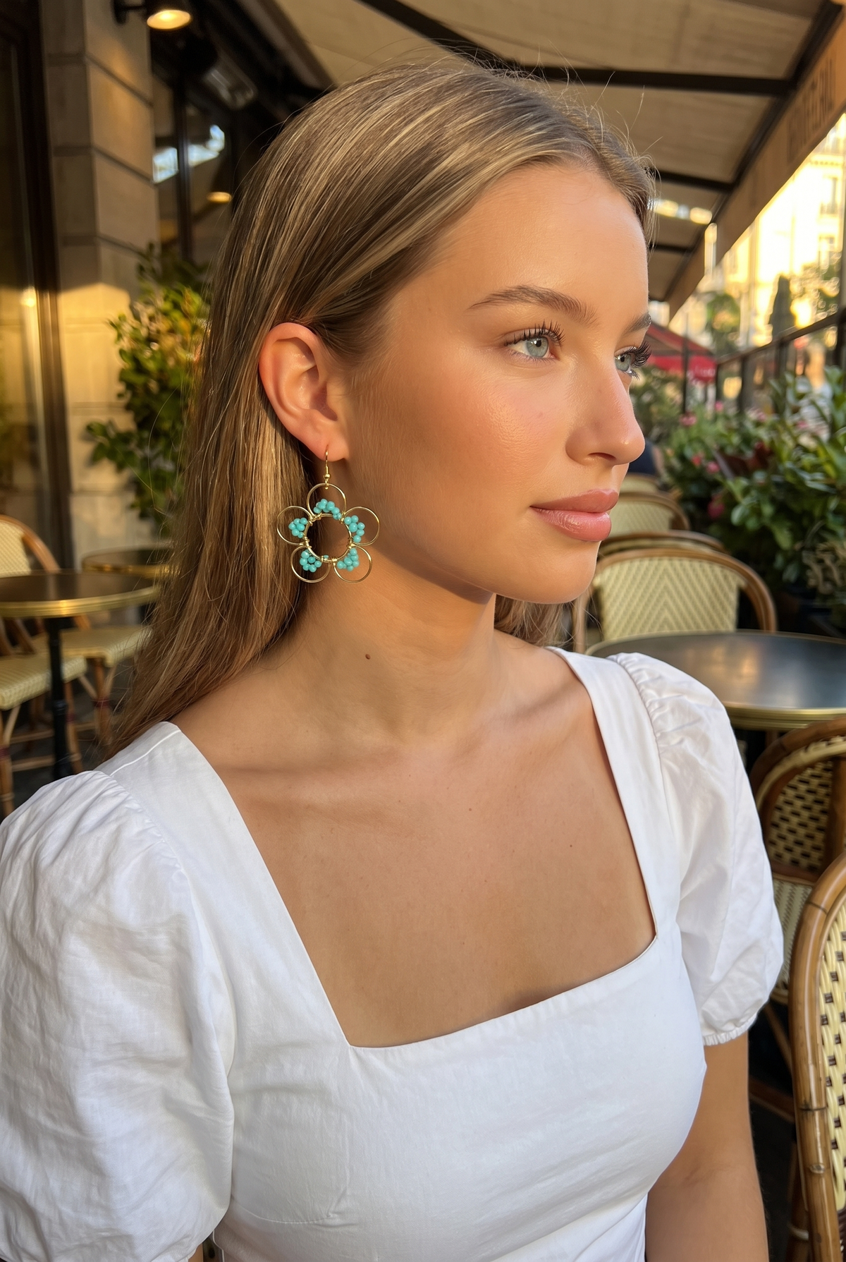 Daisy Earrings, Blue worn
