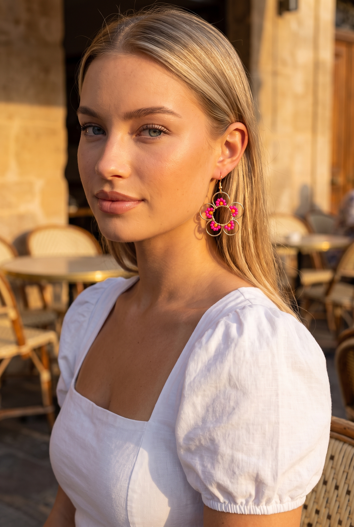 Daisy Earrings, Light Pink worn