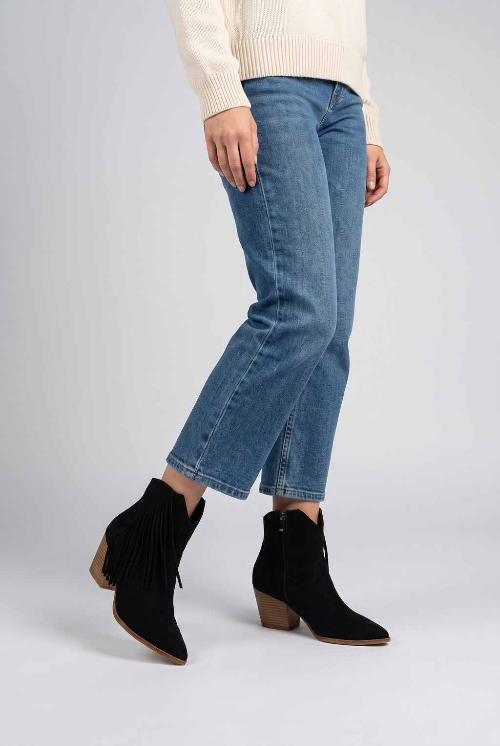 Dixie Tassel Detail Pointed-Toe Western Ankle Boots, Worn full look