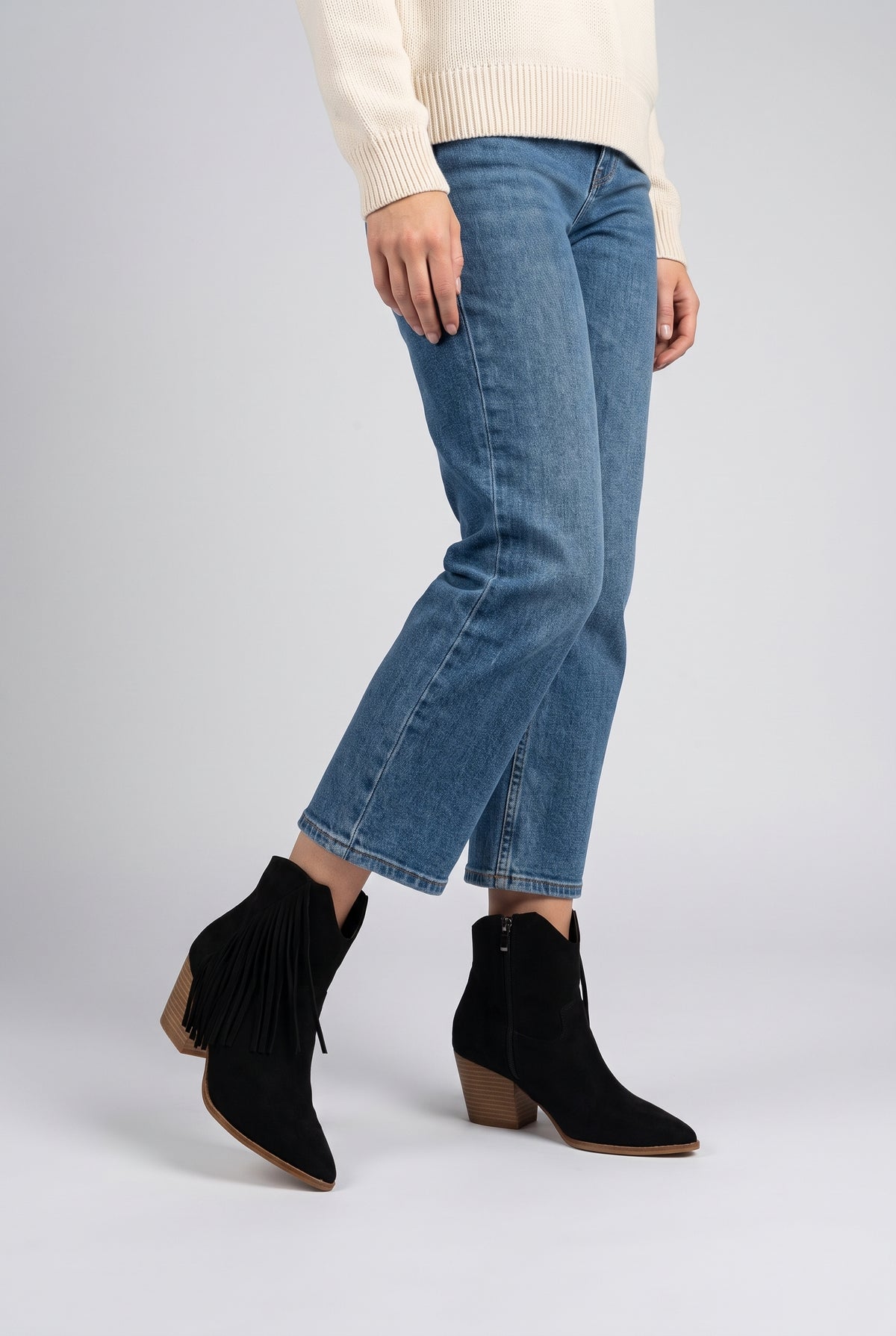 Dixie Tassel Detail Pointed-Toe Western Ankle Boots, Worn full look