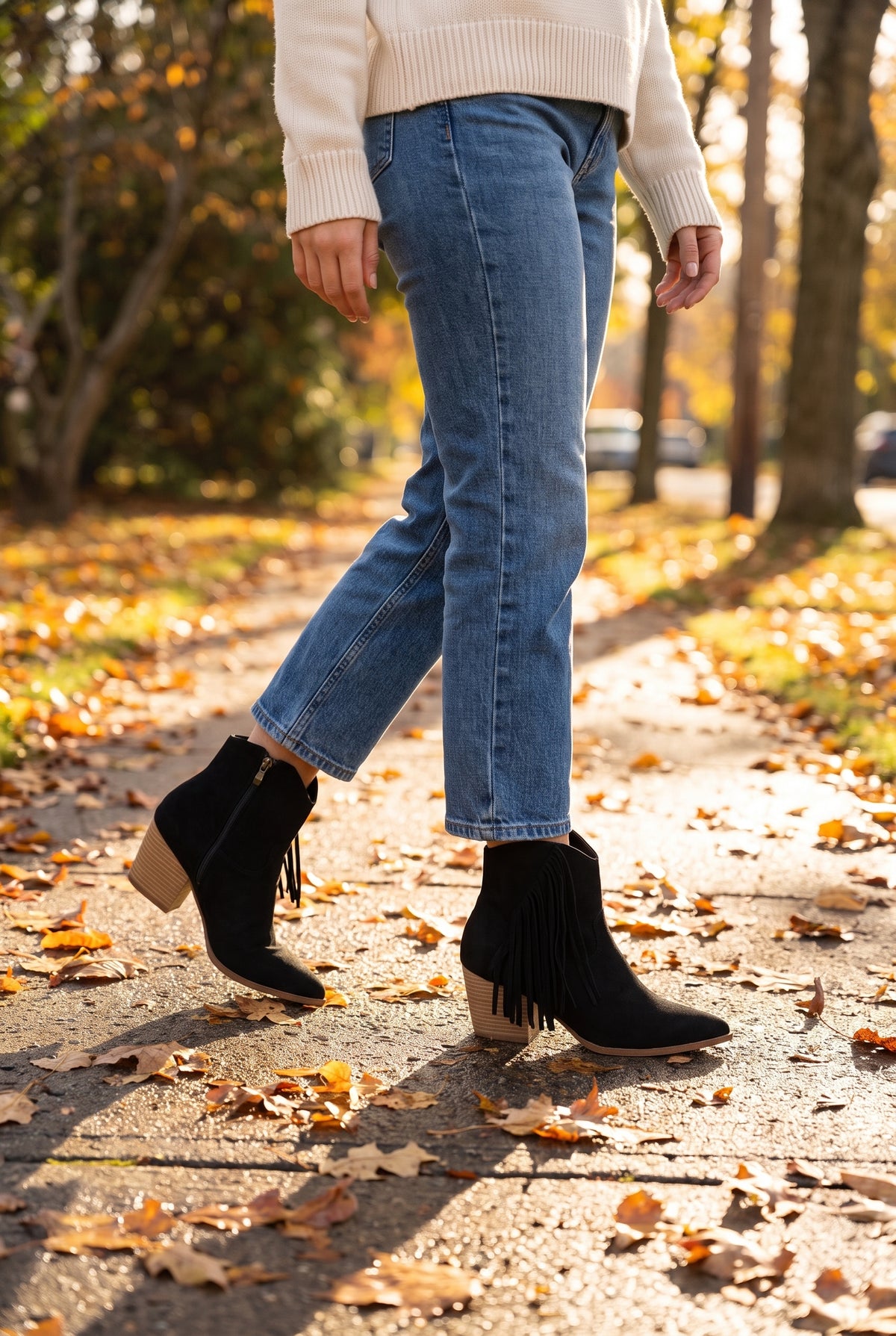 Dixie Tassel Detail Pointed-Toe Western Ankle Boots, Worn walking
