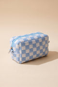 Check Yourself Cosmetic Bag in Blue, boxy knit pouch in light blue and white checks with a light blue zip and silver metal pull