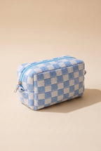 Check Yourself Cosmetic Bag in Blue, boxy knit pouch in light blue and white checks with a light blue zip and silver metal pull