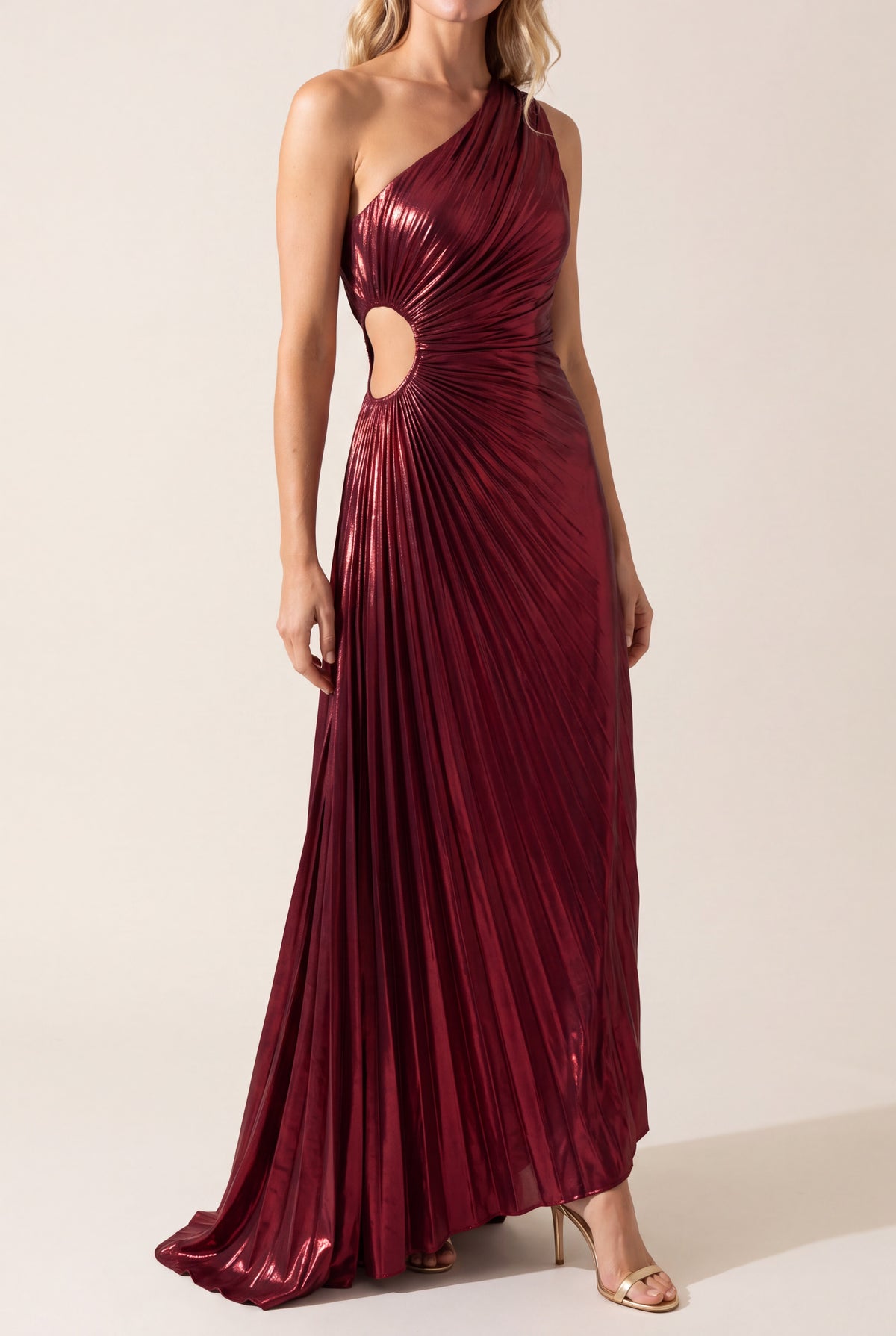 Give Me Everything Tonight Wine Maxi Dress showing the waist cutout, ruching and metallic pleats.