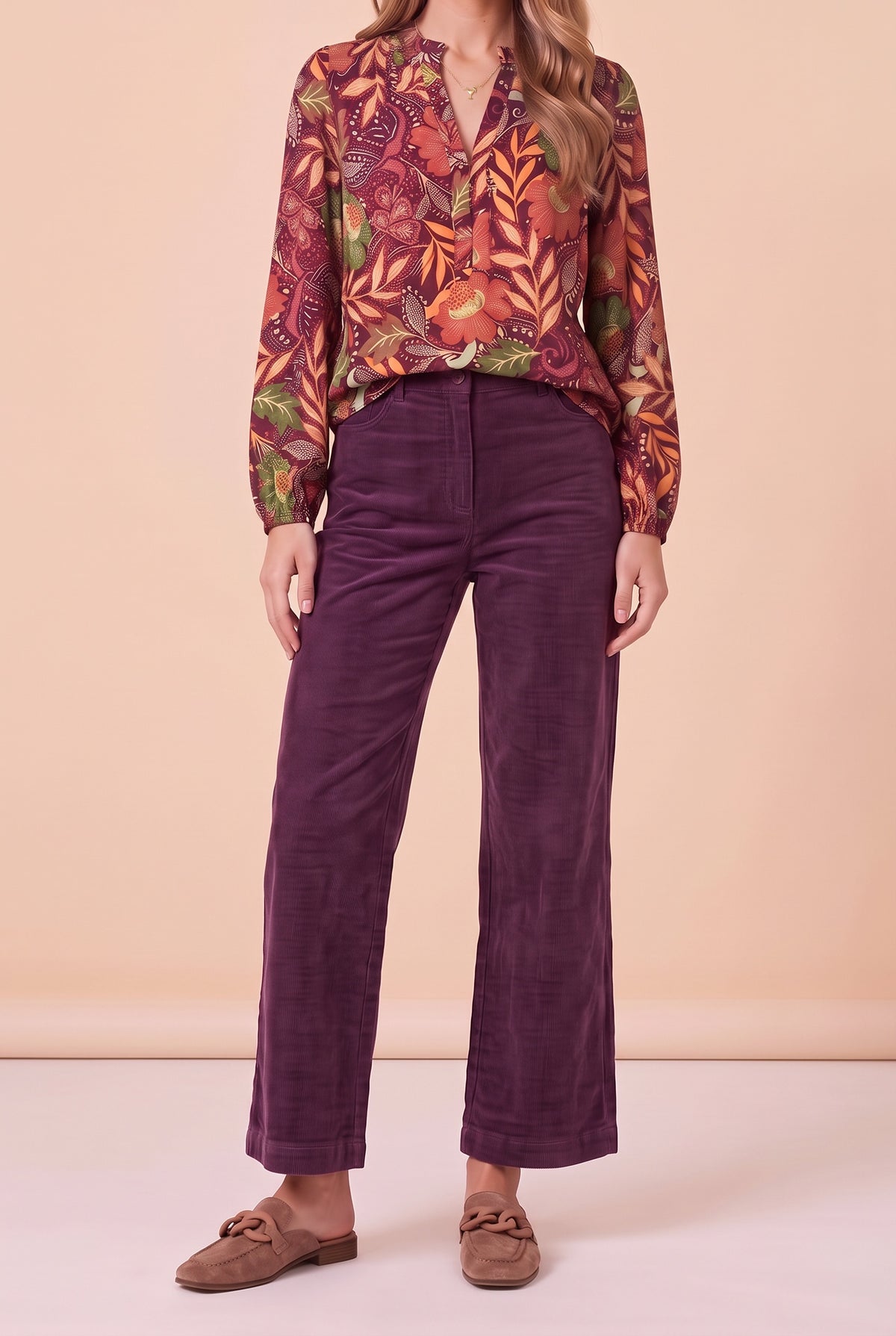 Emily Margarita Time Necklace worn at true size with the Paisley Park Burgundy Floral Split Neck Blouse, Rollin' With You Corduroy Wide Leg Pants and Charlotte Mules, shown from the chin down