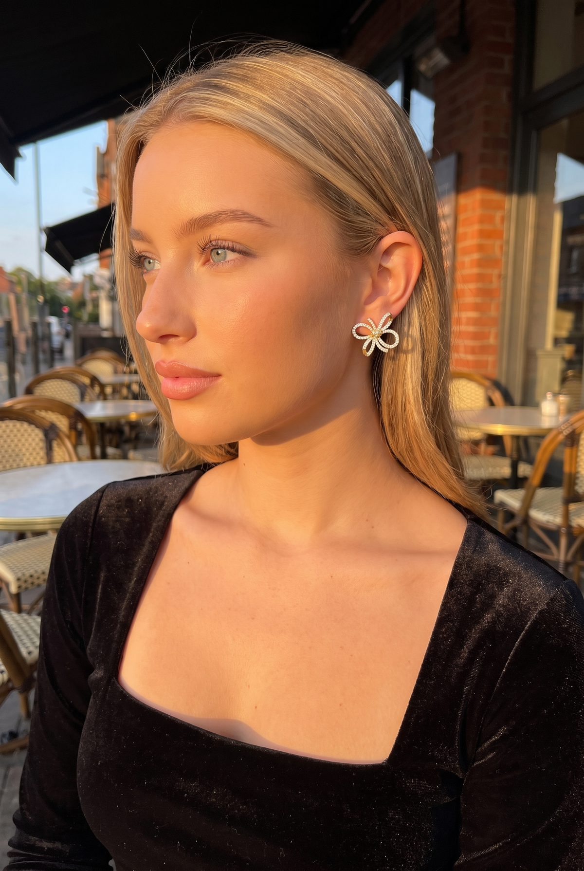 Evelyn Earrings, Gold worn