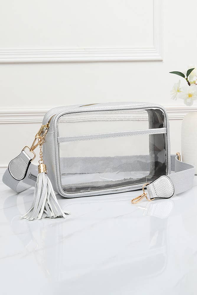 Joanna Cross Body Camera Bag in Silver: clear body with metallic silver trim, silver tassel and strap