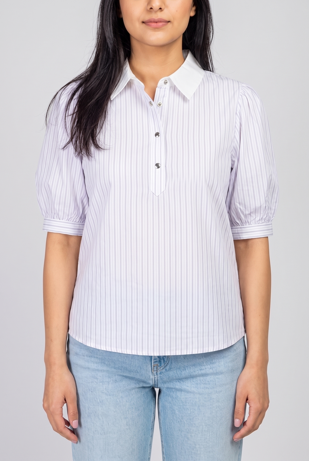 Front fit of the Give It A Go striped top, showing its white pointed collar, snap placket and puff sleeves with light-wash jeans.