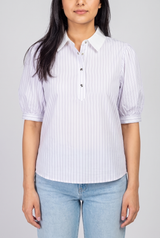 Front fit of the Give It A Go striped top, showing its white pointed collar, snap placket and puff sleeves with light-wash jeans.