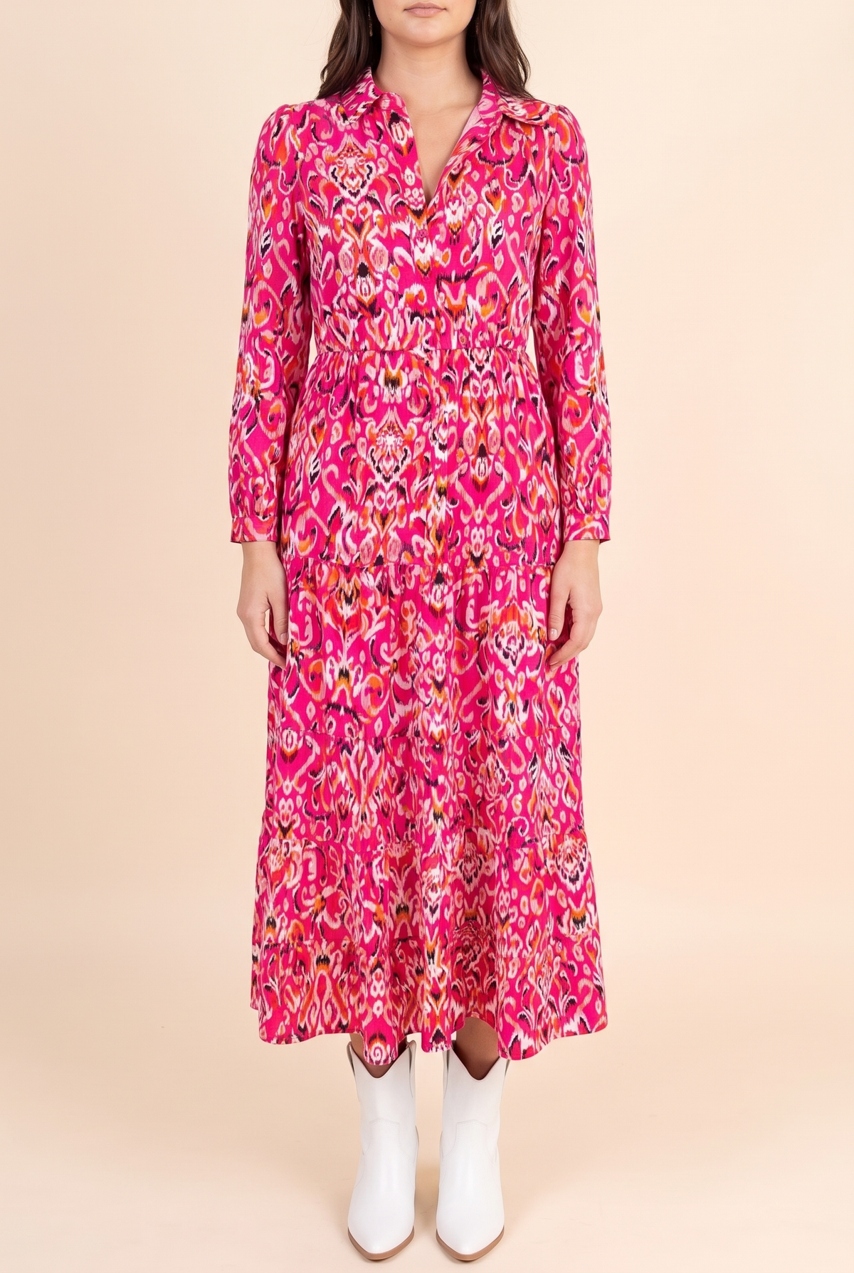 You're My Happy Place Midi Shirt Dress, front view showing the collar, button bodice and tiered midi skirt