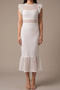 Front of the Dancing Flowers white lace midi dress, showing the sheer lace yoke, scalloped flutter cap sleeves, sheer lace waist inset and flounce hem