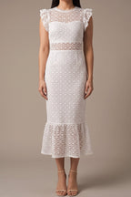 Front of the Dancing Flowers white lace midi dress, showing the sheer lace yoke, scalloped flutter cap sleeves, sheer lace waist inset and flounce hem