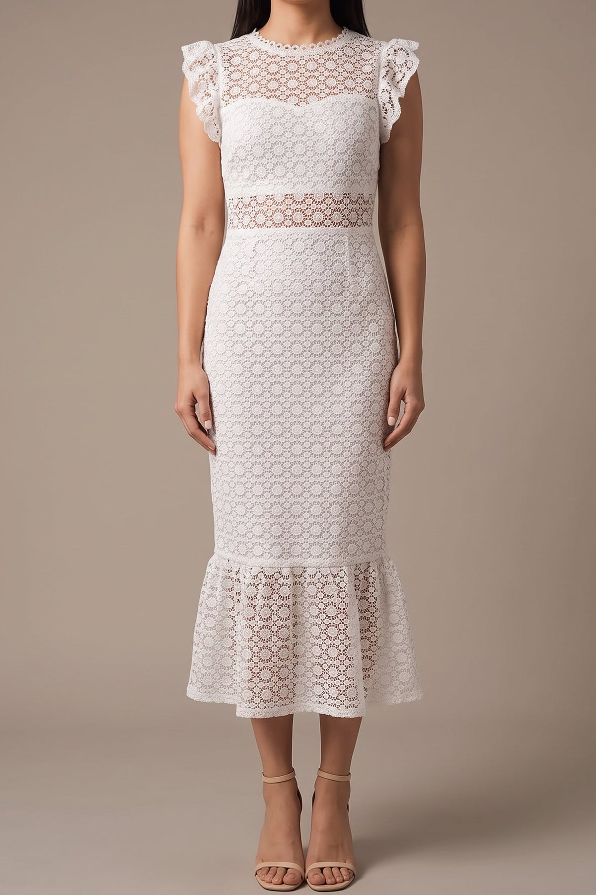 Front of the Dancing Flowers white lace midi dress, showing the sheer lace yoke, scalloped flutter cap sleeves, sheer lace waist inset and flounce hem