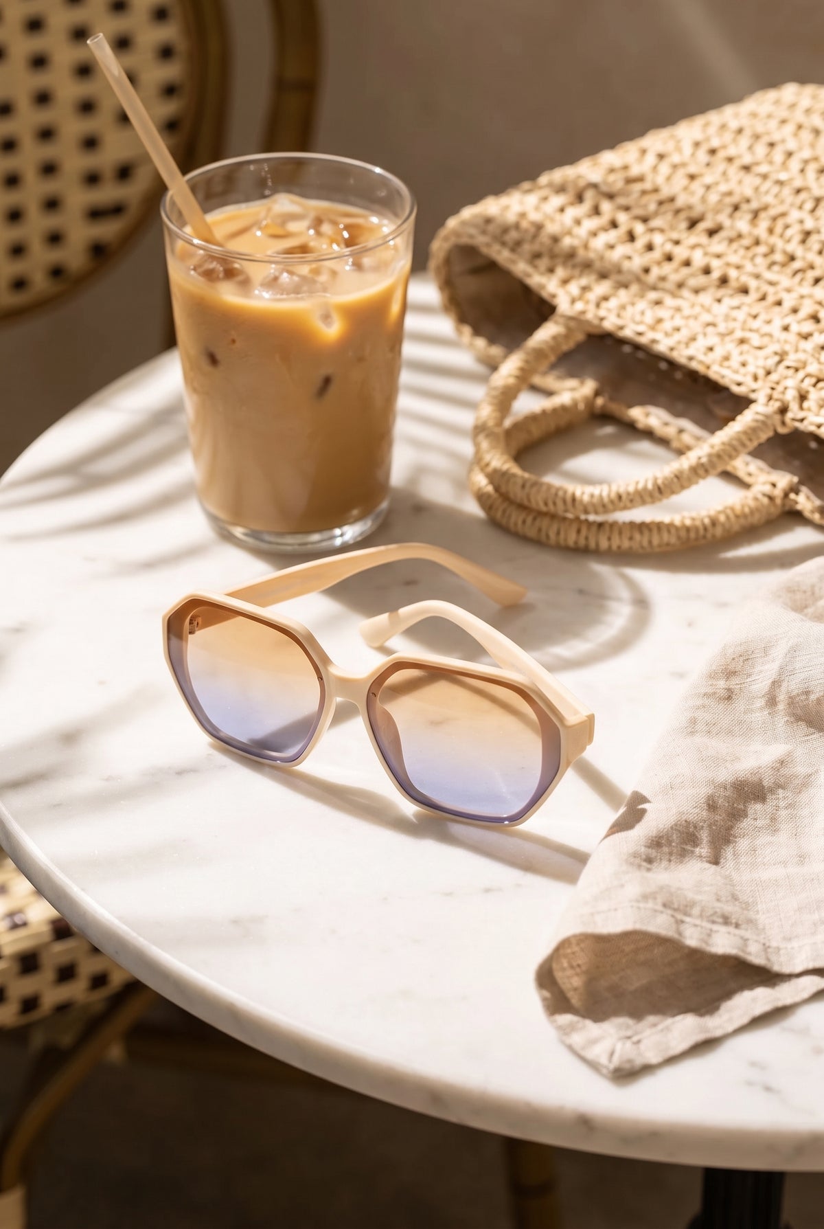Haven cream sunglasses folded on a sunlit marble café table beside an iced coffee and a straw tote