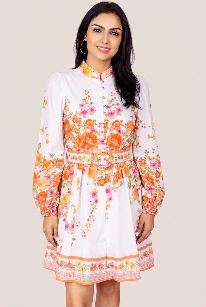 Sweet Sunshine Mock Neck Floral Border Mini Dress