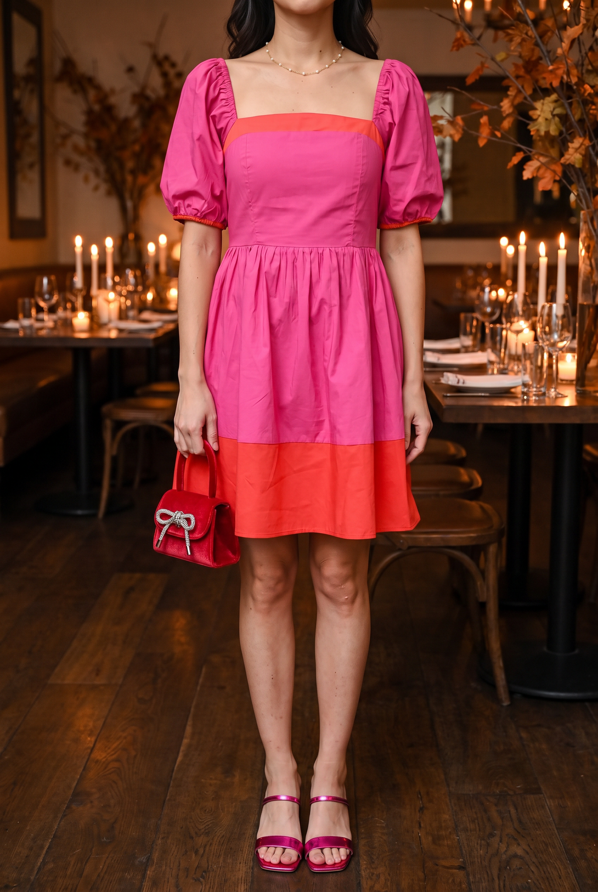 Magenta and red color block mini dress styled for a holiday dinner with metallic fuchsia square toe sandals, a red velvet top handle bag and a pearl chain necklace.