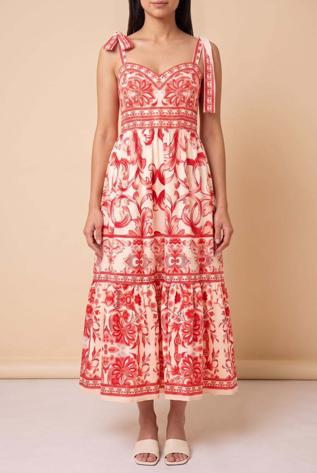 Front view of the For Another Time Maxi Dress: red and cream scroll print, sweetheart neckline, tie straps and a tiered skirt that falls to the lower calf.