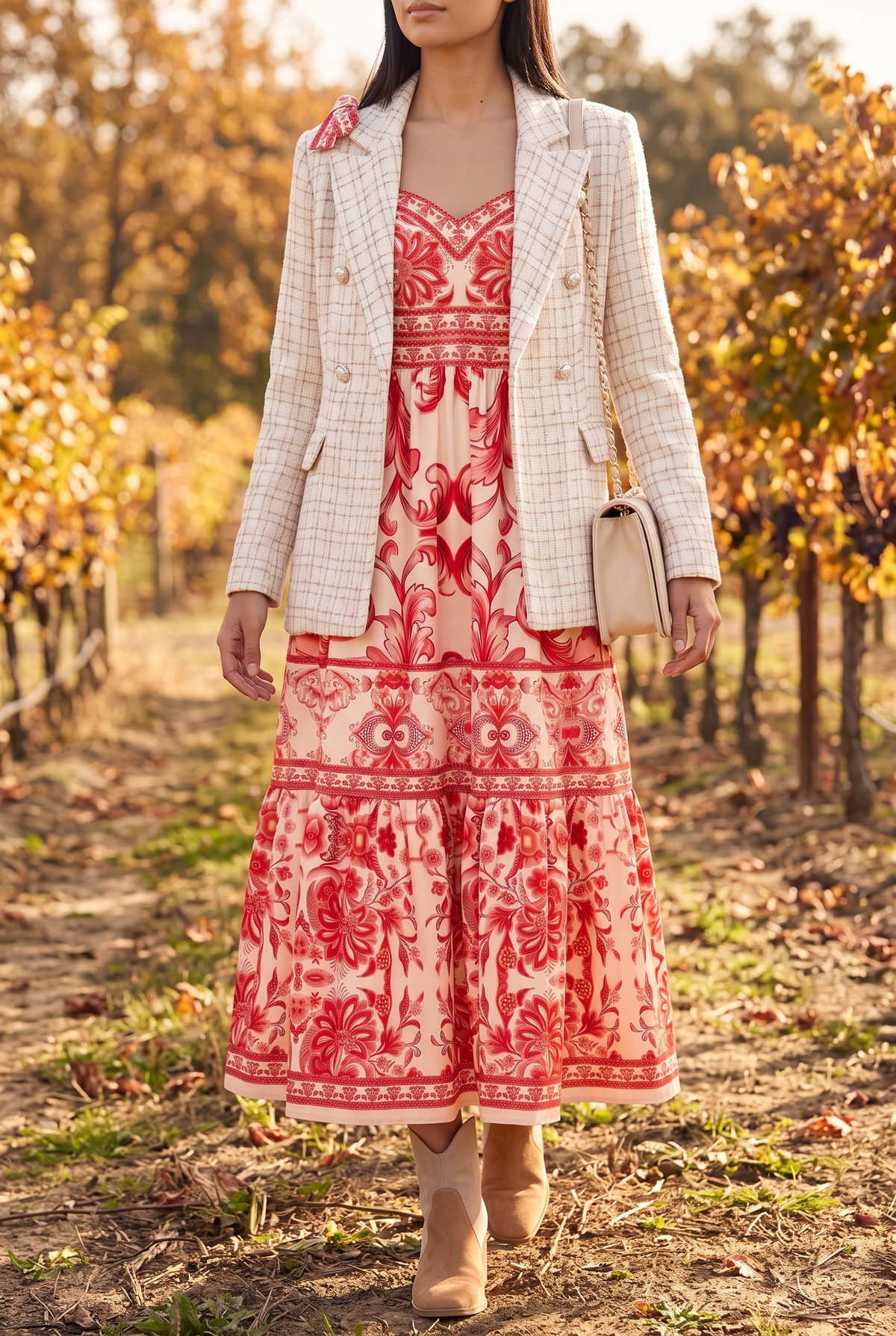 The For Another Time Maxi Dress on an autumn vineyard walk with a cream tweed blazer, tan suede ankle booties and a beige quilted shoulder bag.
