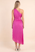 Back of the fuchsia pleated one-shoulder midi dress, fully covered with diagonal pleats.