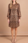 Front view of the Going Wild leopard sequin shift dress with bronze satin neckline and smocked cuffs
