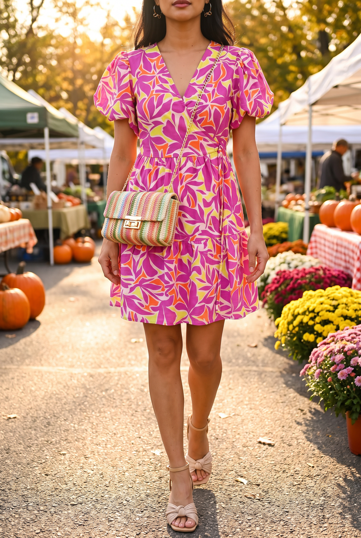 Somewhere Sunny puff sleeve dress styled with beige bow sandals, a striped woven crossbody and gold bow hoop earrings at an autumn market