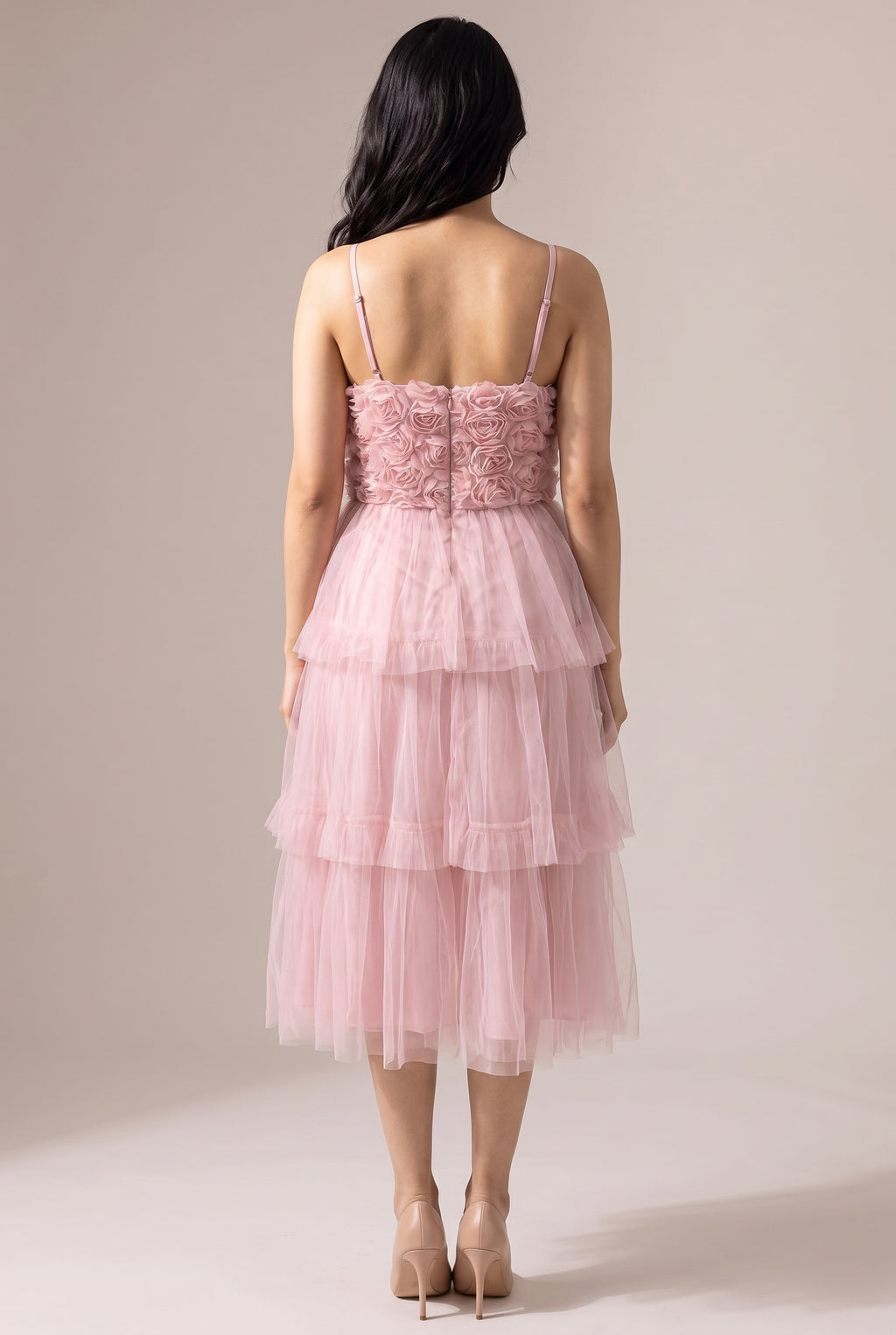 Back of the Kiss From a Rose Midi Dress showing the rosette bodice, center back zip, thin straps and three tulle tiers.