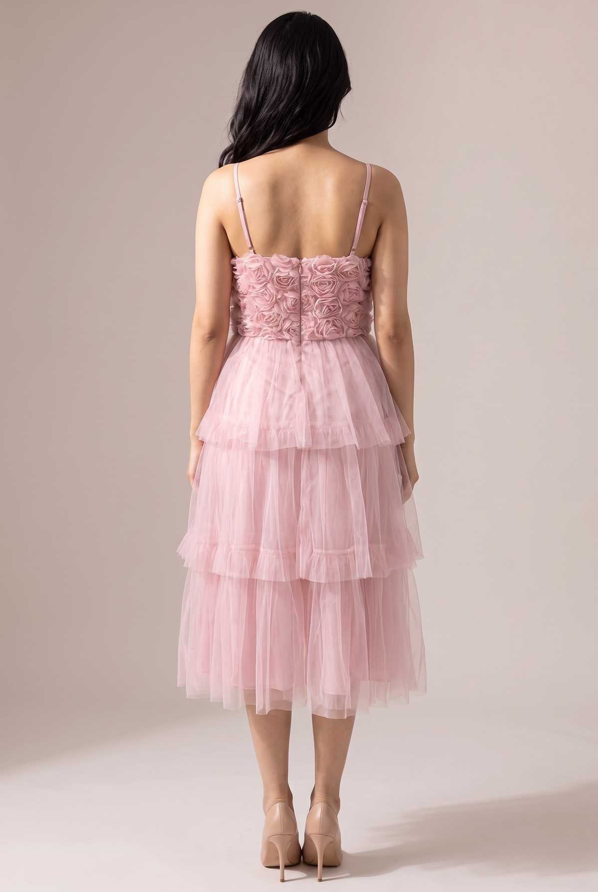 Back of the Kiss From a Rose Midi Dress showing the rosette bodice, center back zip, thin straps and three tulle tiers.