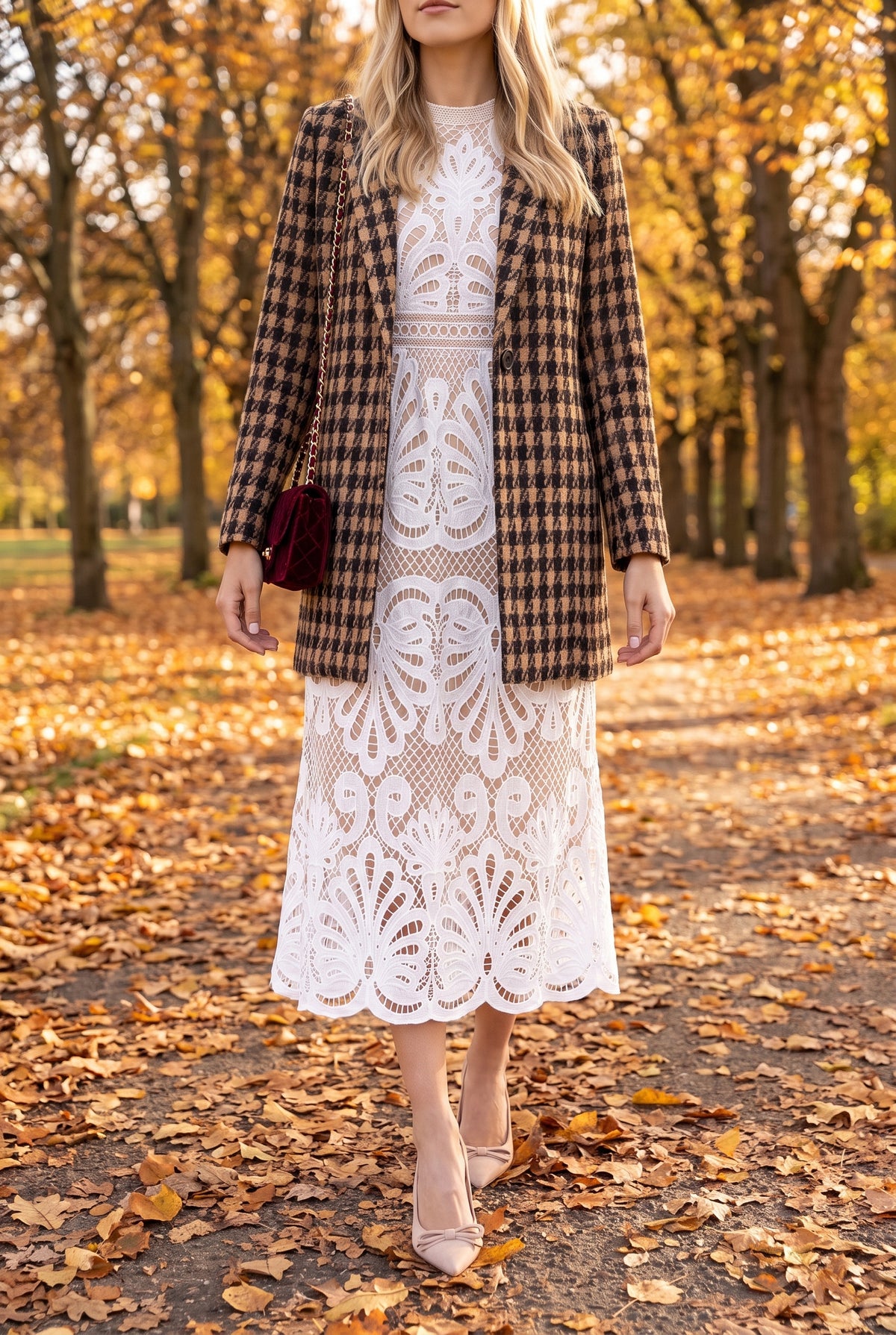 White lace midi dress worn with a camel and black houndstooth jacket, nude bow slingback pumps and a burgundy quilted velvet chain bag on an autumn park path.
