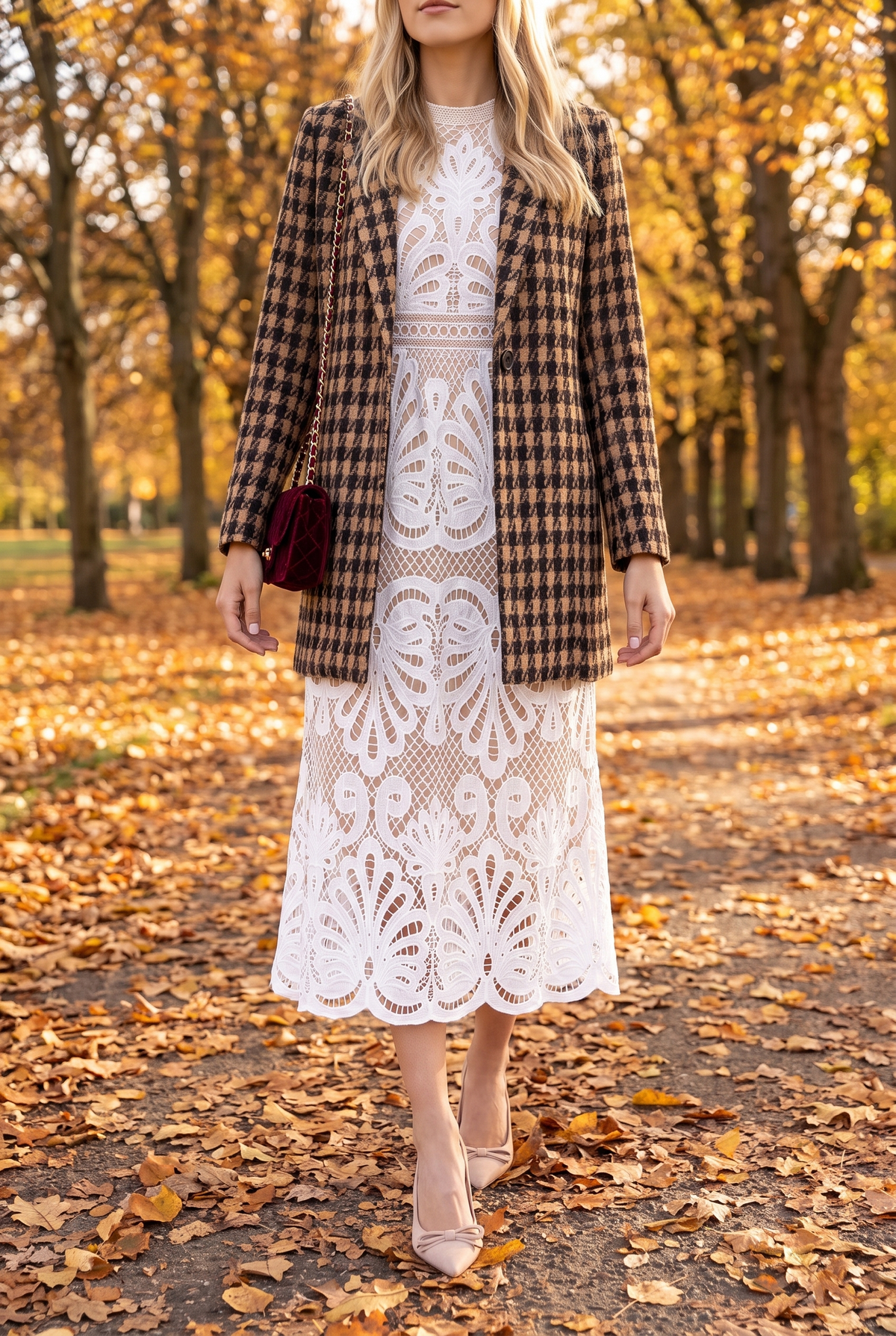 White lace midi dress worn with a camel and black houndstooth jacket, nude bow slingback pumps and a burgundy quilted velvet chain bag on an autumn park path.