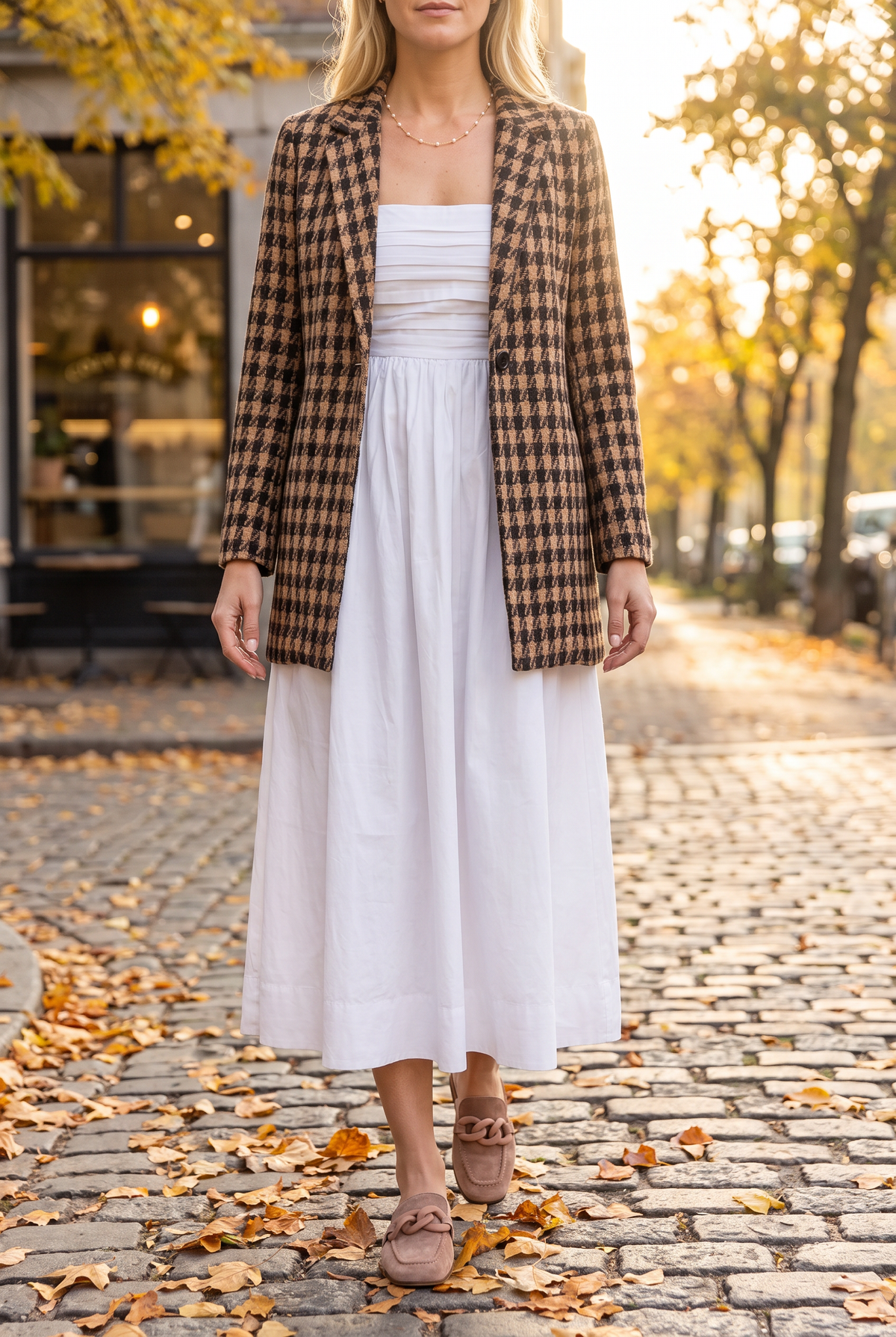 The Love Actually white pleated midi dress on an autumn street with a houndstooth blazer, taupe suede chain mules and a gold pearl necklace.